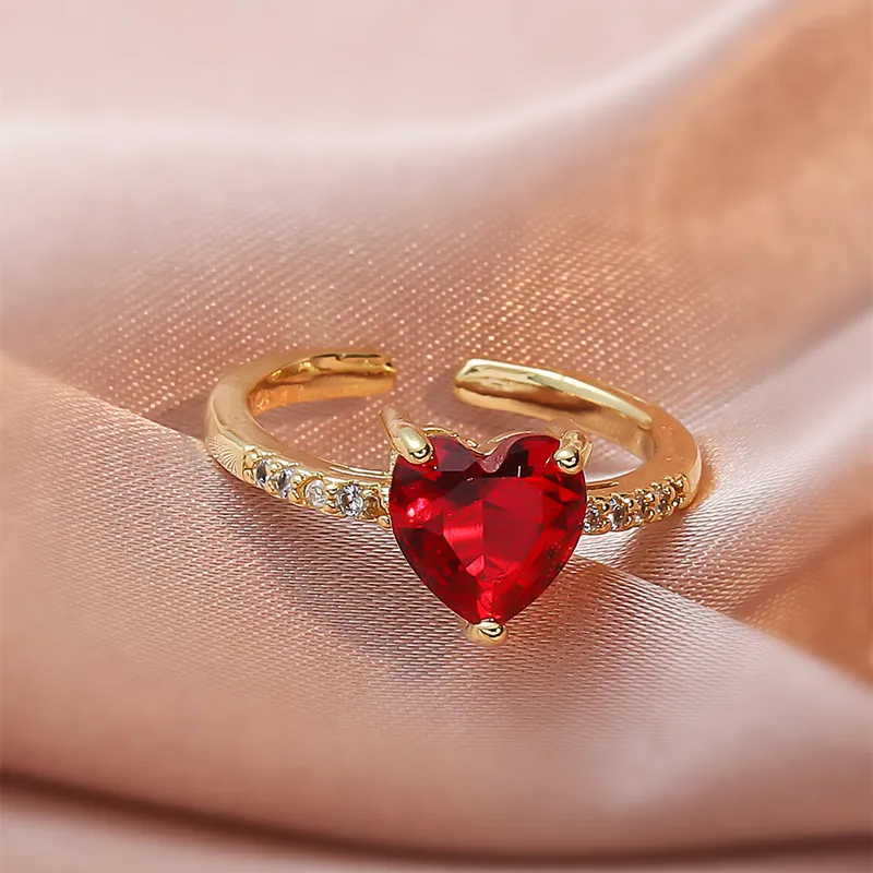 Elegant Heart-Shaped Red Zircon Adjustable Ring