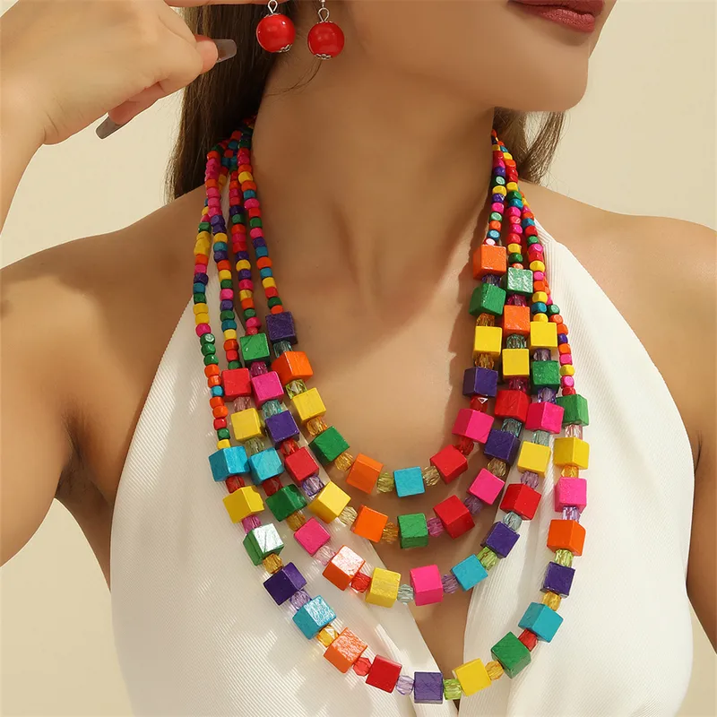 Vibrant Multicolor Bohemian Wood Beaded Necklace